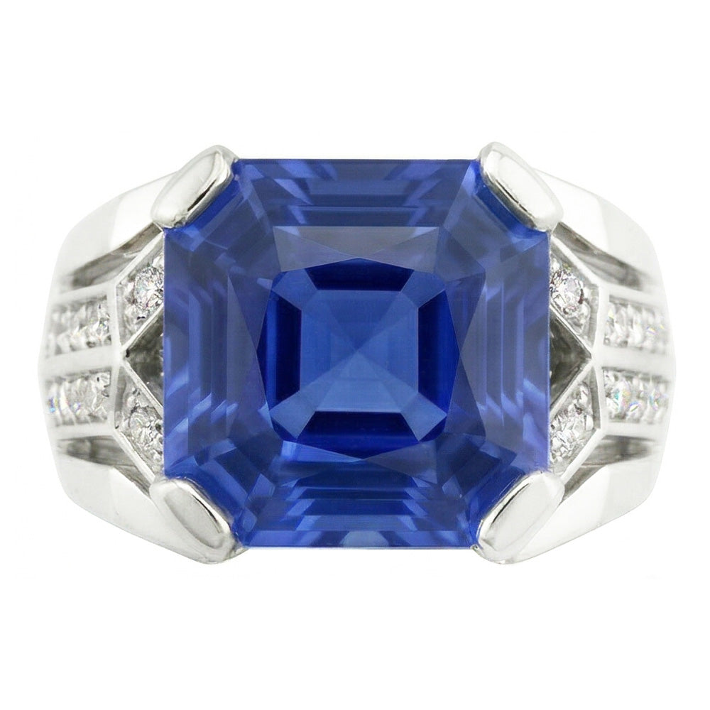 Blue Sapphire Natural Earth Mined Diamond Fancy Ring 4.50 Carats Asscher & Round Cut Gold