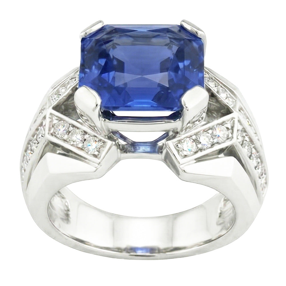 Blue Sapphire Natural Earth Mined Diamond Fancy Ring 4.50 Carats Asscher & Round Cut Gold