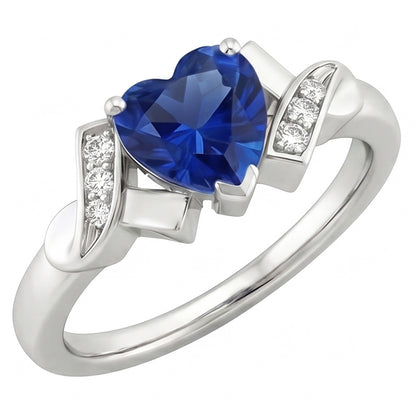 Blue Sapphire Natural Earth Mined Diamond Heart Ring Ribbon Style 2 Carats Ladies Jewelry
