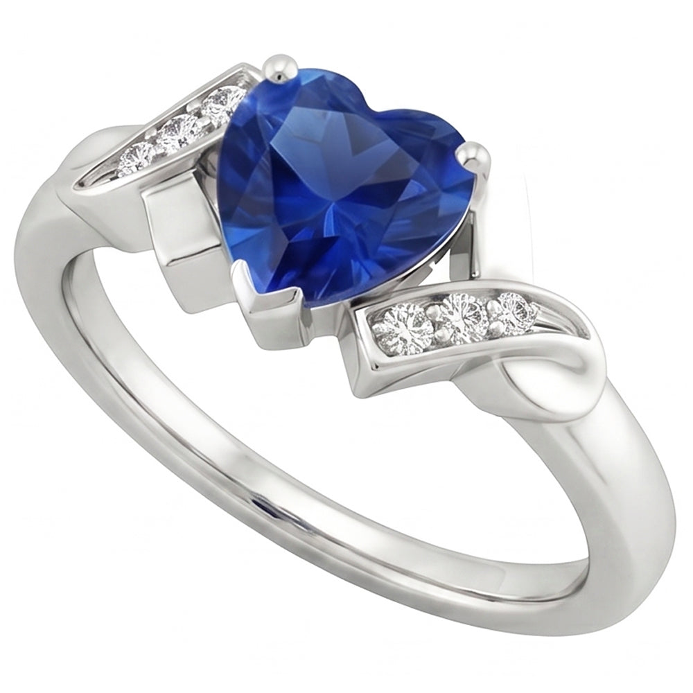 Blue Sapphire Natural Earth Mined Diamond Heart Ring Ribbon Style 2 Carats Ladies Jewelry