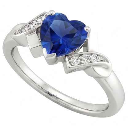 Blue Sapphire Natural Earth Mined Diamond Heart Ring Ribbon Style 2 Carats Ladies Jewelry