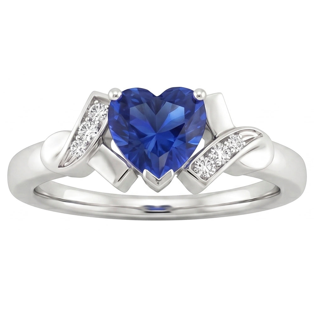 Blue Sapphire Natural Earth Mined Diamond Heart Ring Ribbon Style 2 Carats Ladies Jewelry