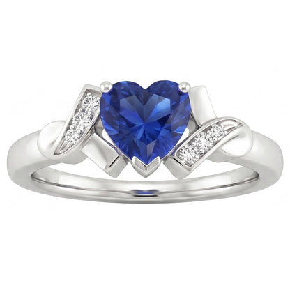 Blue Sapphire Natural Earth Mined Diamond Heart Ring Ribbon Style 2 Carats Ladies Jewelry