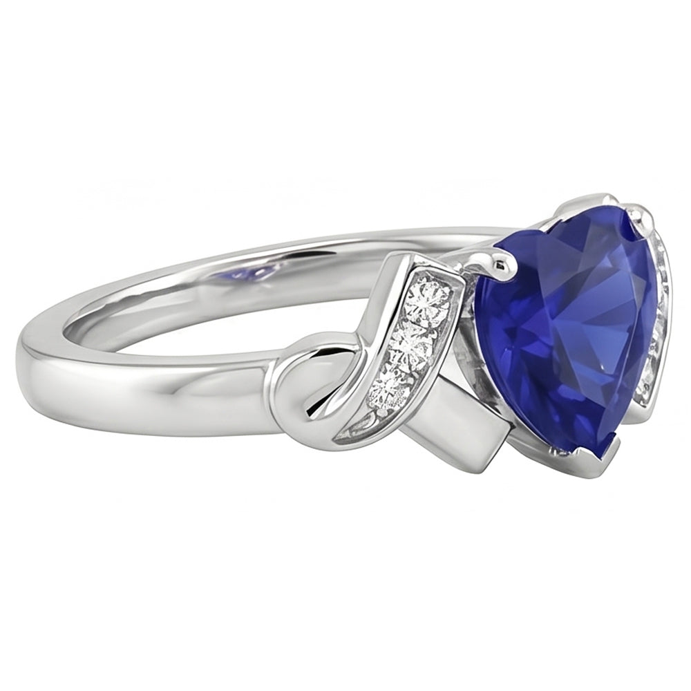 Blue Sapphire Natural Earth Mined Diamond Heart Ring Ribbon Style 2 Carats Ladies Jewelry
