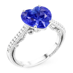 Blue Sapphire Natural Earth Mined Diamond Ring 3 Carats Pave Set Accents Gold 14K Milgrain