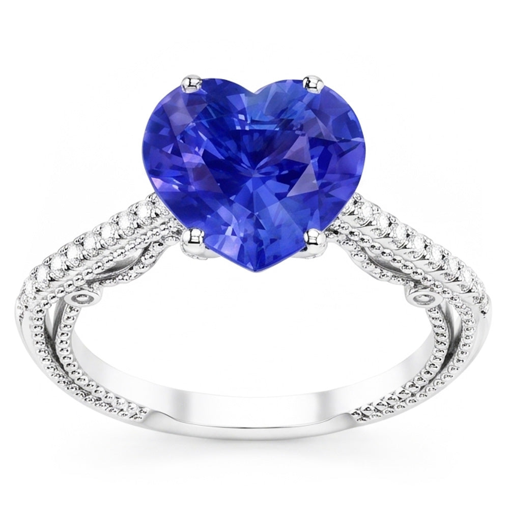Blue Sapphire Natural Earth Mined Diamond Ring 3 Carats Pave Set Accents Gold 14K Milgrain