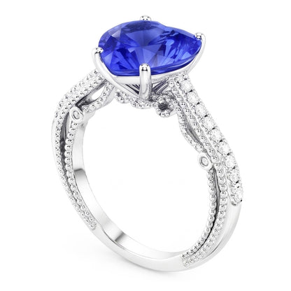 Blue Sapphire Natural Earth Mined Diamond Ring 3 Carats Pave Set Accents Gold 14K Milgrain