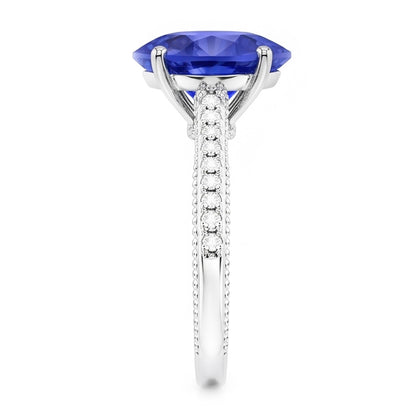 Blue Sapphire Natural Earth Mined Diamond Ring 3 Carats Pave Set Accents Gold 14K Milgrain