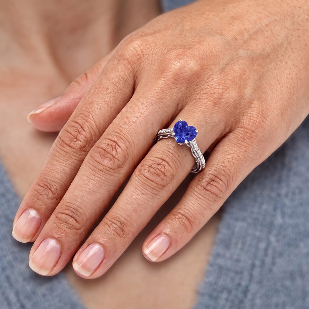 Blue Sapphire Natural Earth Mined Diamond Ring 3 Carats Pave Set Accents Gold 14K Milgrain