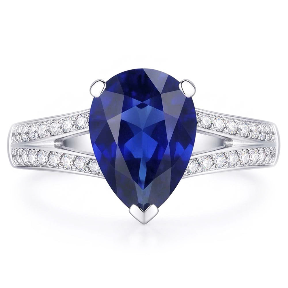 Blue Sapphire Natural Earth Mined Diamond Ring Split Shank 3 Carats White Gold 14K