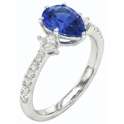 Blue Sapphire Ring SriLanka Three Stone Natural Earth Mined Diamond Accents Pear 3 Carats