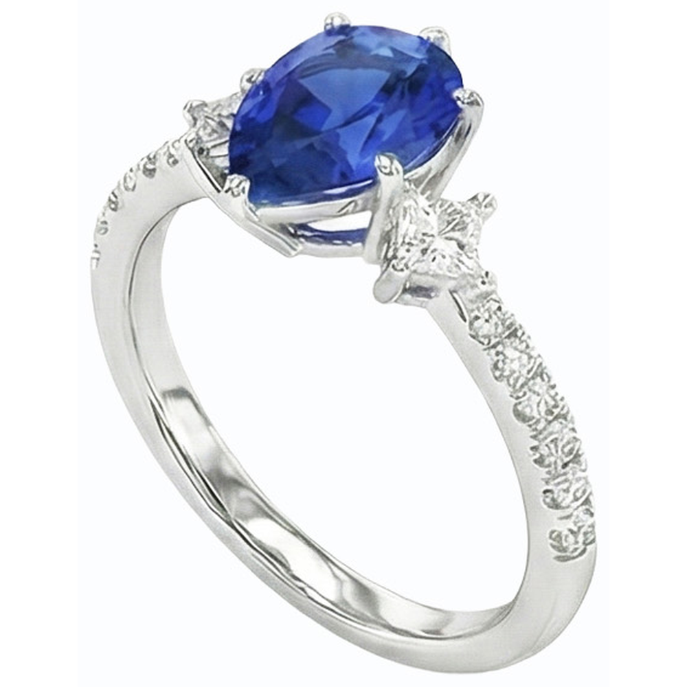 Blue Sapphire Ring SriLanka Three Stone Natural Earth Mined Diamond Accents Pear 3 Carats