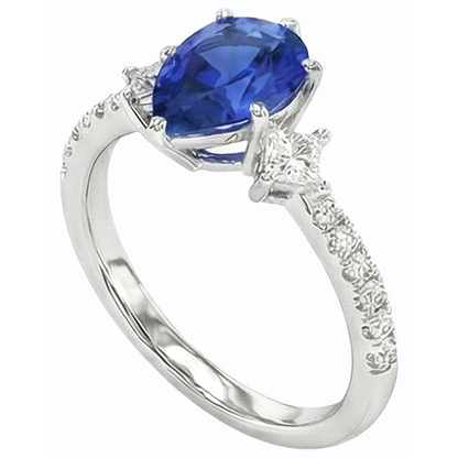 Blue Sapphire Ring SriLanka Three Stone Natural Earth Mined Diamond Accents Pear 3 Carats