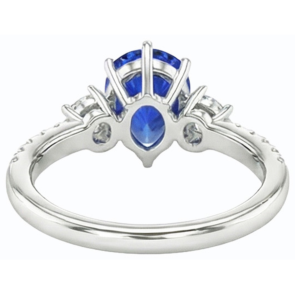Blue Sapphire Ring SriLanka Three Stone Natural Earth Mined Diamond Accents Pear 3 Carats