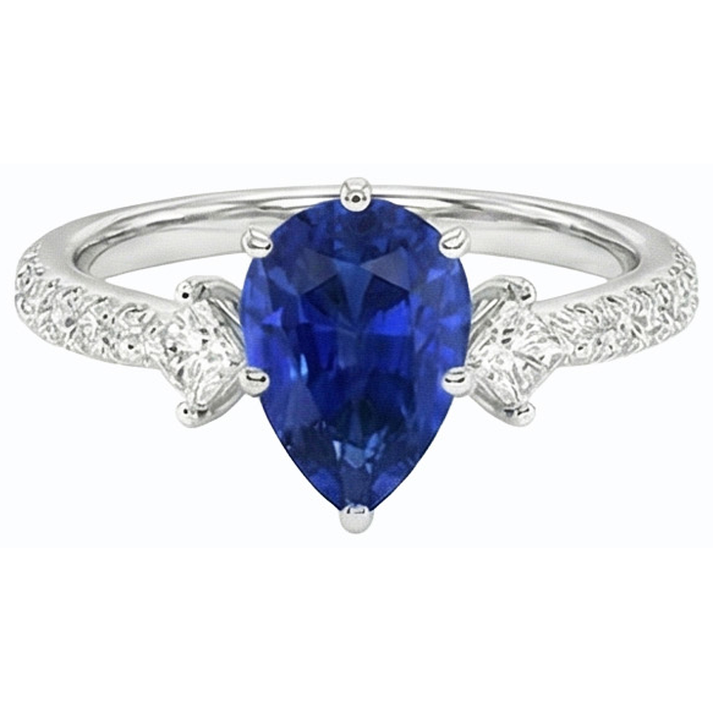 Blue Sapphire Ring SriLanka Three Stone Natural Earth Mined Diamond Accents Pear 3 Carats