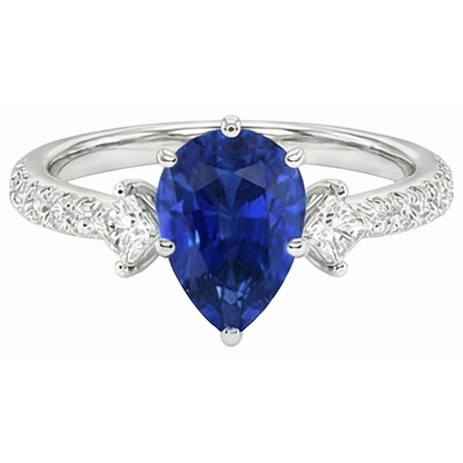 Blue Sapphire Ring SriLanka Three Stone Natural Earth Mined Diamond Accents Pear 3 Carats