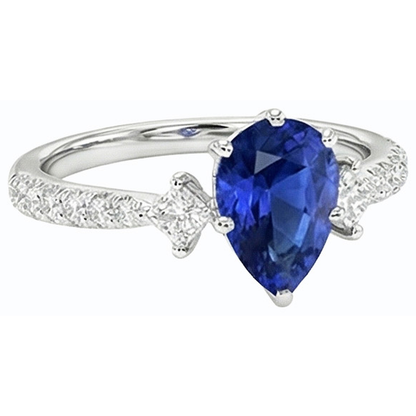 Blue Sapphire Ring SriLanka Three Stone Natural Earth Mined Diamond Accents Pear 3 Carats