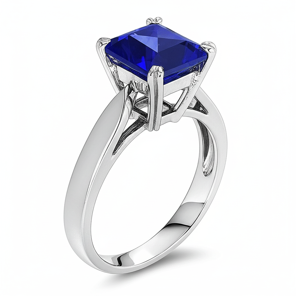 Blue Sapphire Solitaire Engagement Emerald Ring 2 Carats Prong Set