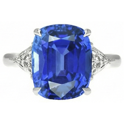 Blue Sapphire Three Stone Ring Oval & Trillion Natural Earth Mined Diamonds 4.50 Carats