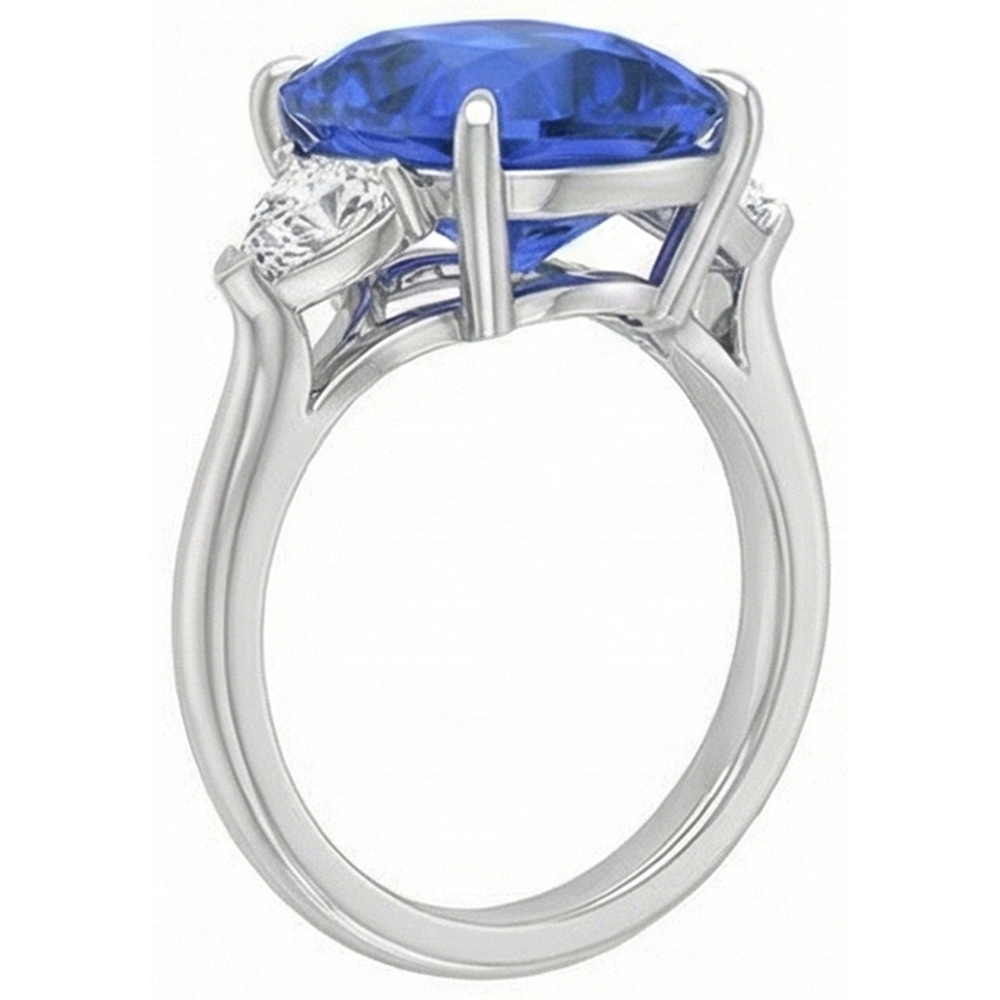 Blue Sapphire Three Stone Ring Oval & Trillion Natural Earth Mined Diamonds 4.50 Carats