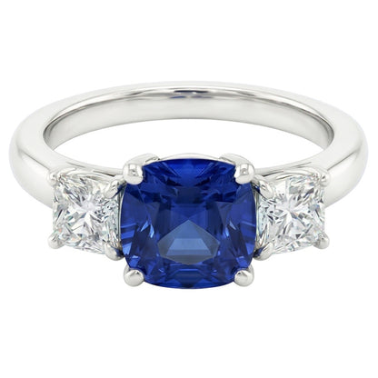 Blue Sapphire Three Stone Ring & Cushion Natural Earth Mined Diamonds 2 Carats Gold 14K