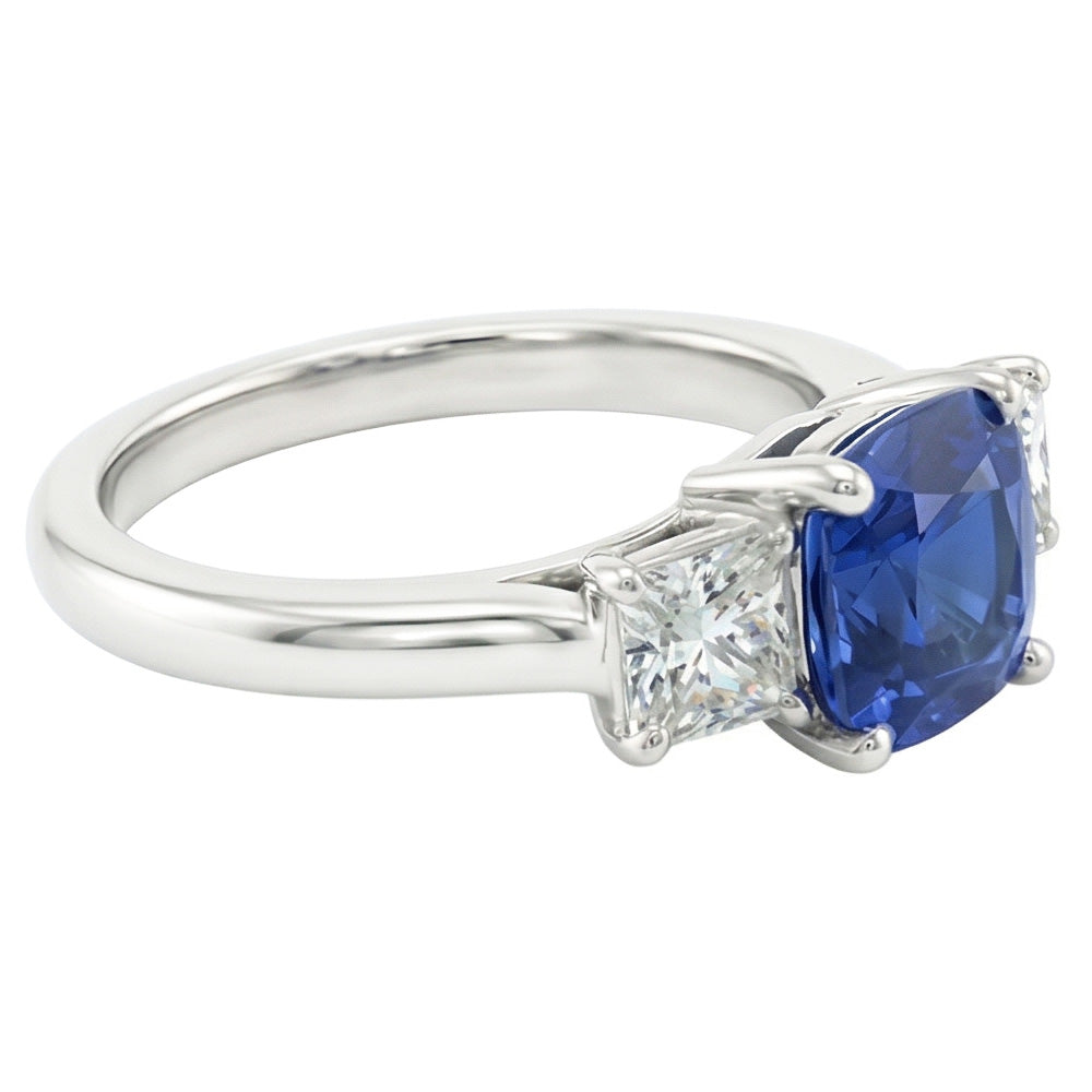 Blue Sapphire Three Stone Ring & Cushion Natural Earth Mined Diamonds 2 Carats Gold 14K