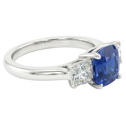 Blue Sapphire Three Stone Ring & Cushion Natural Earth Mined Diamonds 2 Carats Gold 14K