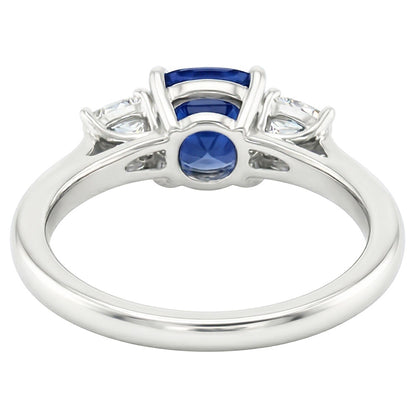 Blue Sapphire Three Stone Ring & Cushion Natural Earth Mined Diamonds 2 Carats Gold 14K