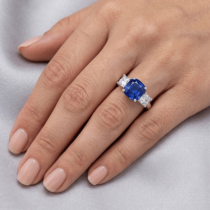 Blue Sapphire Three Stone Ring & Cushion Natural Earth Mined Diamonds 2 Carats Gold 14K