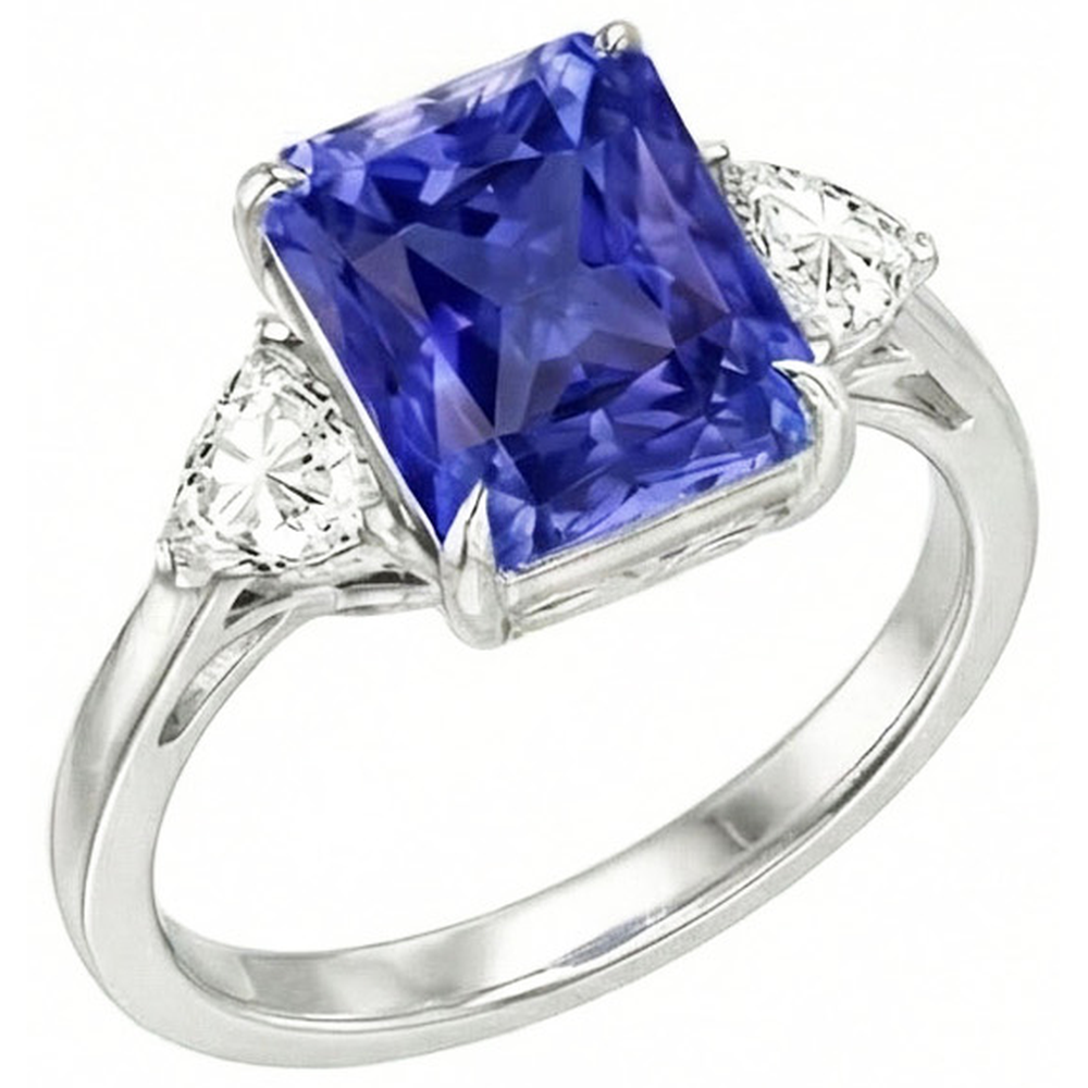 Blue Sapphire Trilliant Natural Earth Mined Diamond 3 Stone Ring 3 Carats Trellis Setting