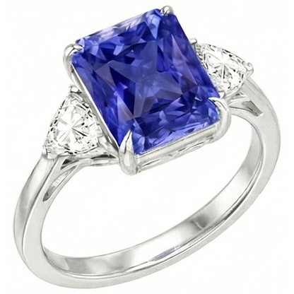 Blue Sapphire Trilliant Natural Earth Mined Diamond 3 Stone Ring 3 Carats Trellis Setting