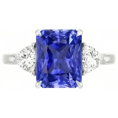 Blue Sapphire Trilliant Natural Earth Mined Diamond 3 Stone Ring 3 Carats Trellis Setting