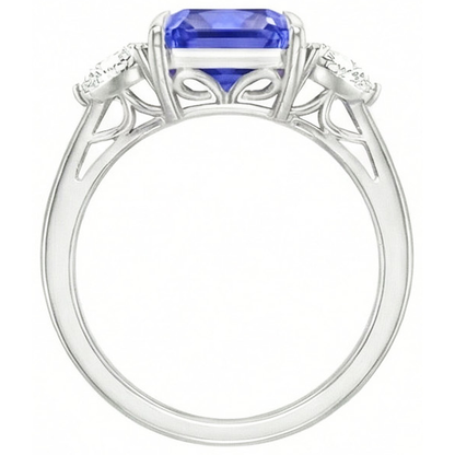 Blue Sapphire Trilliant Natural Earth Mined Diamond 3 Stone Ring 3 Carats Trellis Setting