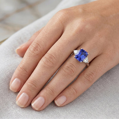 Blue Sapphire Trilliant Natural Earth Mined Diamond 3 Stone Ring 3 Carats Trellis Setting
