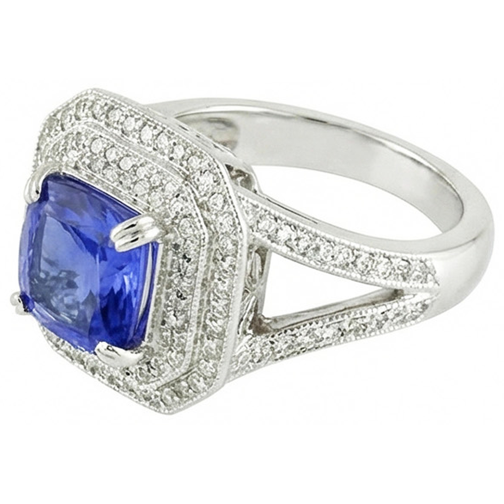 Blue Sapphire With Natural Earth Mined Diamond Halo Ring