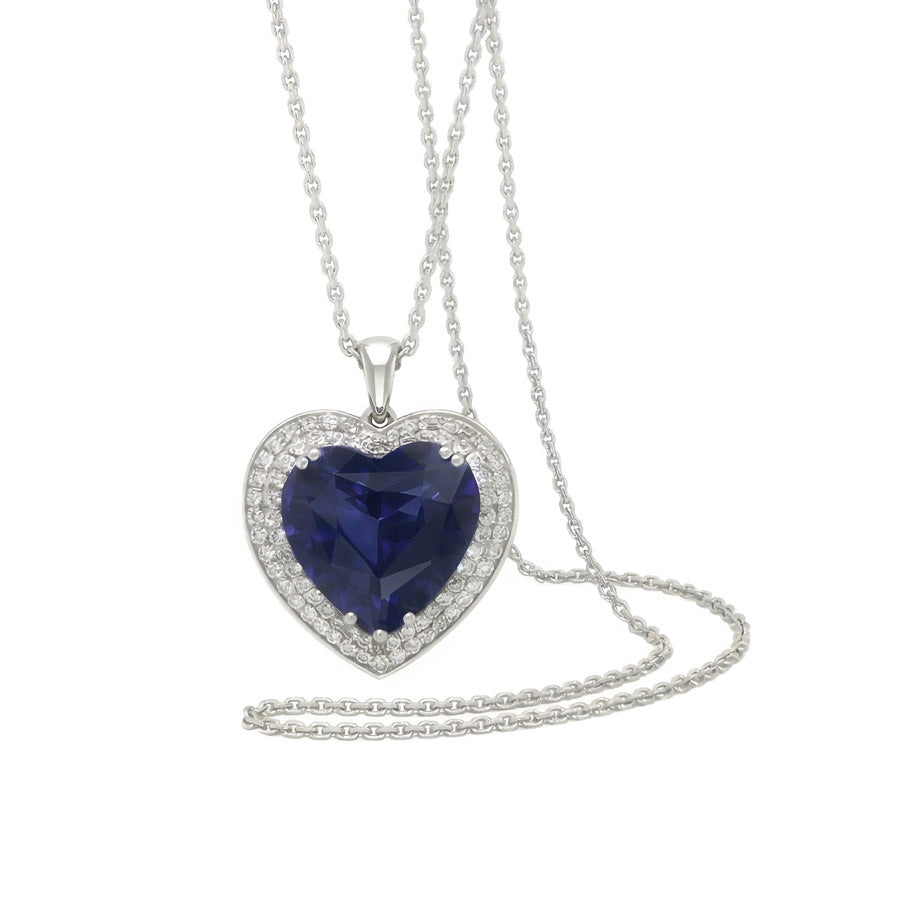 Blue Sapphire & IGI CERTIFIED Diamond Double Halo Heart Pendant 6.50 Carats Gold