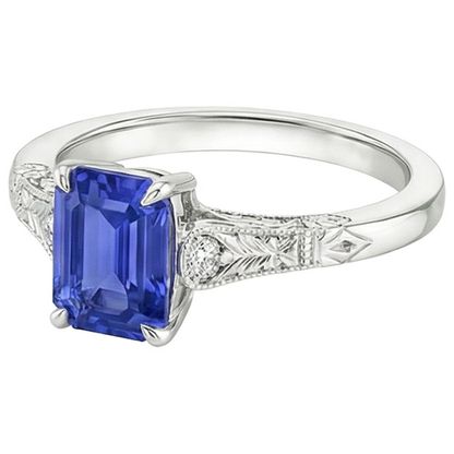 Blue Sapphire & Natural Earth Mined Diamond 3 Stones Ring 3.25 Carats Emerald Cut