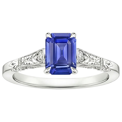Blue Sapphire & Natural Earth Mined Diamond 3 Stones Ring 3.25 Carats Emerald Cut