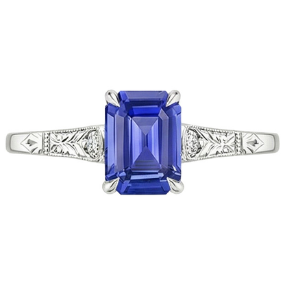 Blue Sapphire & Natural Earth Mined Diamond 3 Stones Ring 3.25 Carats Emerald Cut