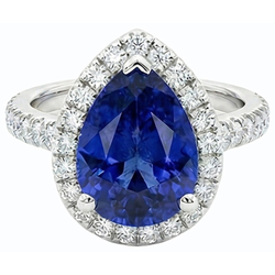 Blue Sapphire & Natural Earth Mined Diamond Halo Pear Cut Ring 3.50 Carats White Gold