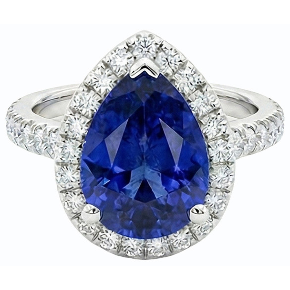 Blue Sapphire & Natural Earth Mined Diamond Halo Pear Cut Ring 3.50 Carats White Gold
