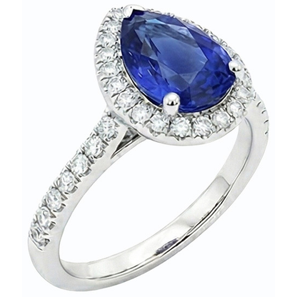 Blue Sapphire & Natural Earth Mined Diamond Halo Pear Cut Ring 3.50 Carats White Gold
