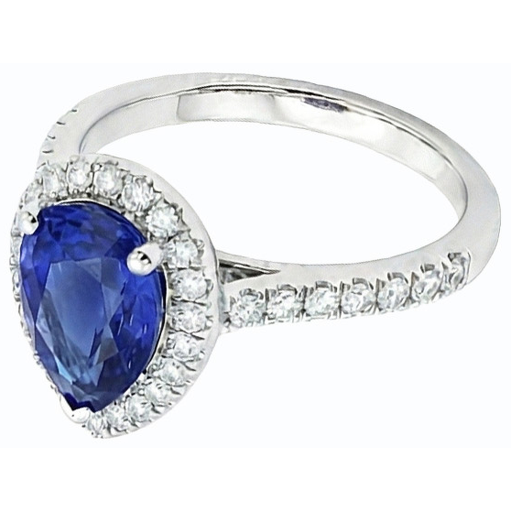 Blue Sapphire & Natural Earth Mined Diamond Halo Pear Cut Ring 3.50 Carats White Gold