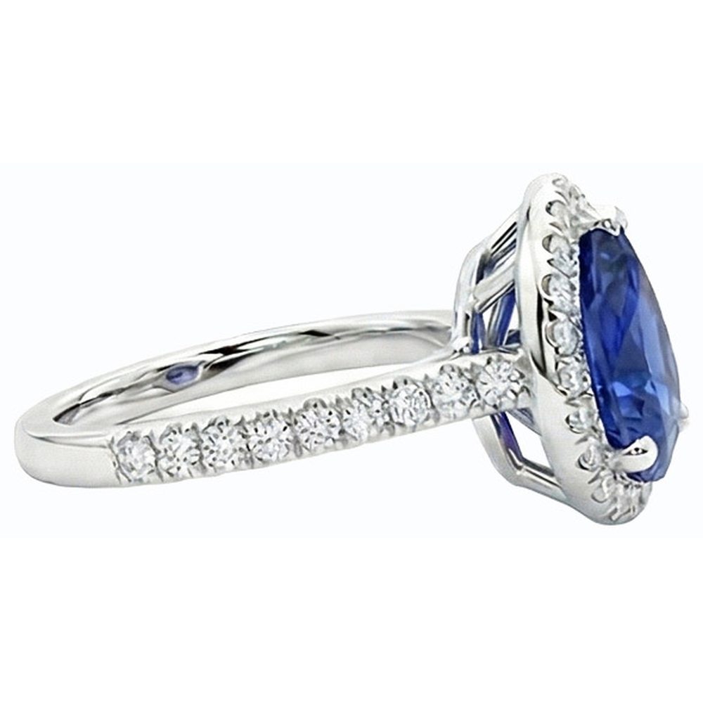 Blue Sapphire & Natural Earth Mined Diamond Halo Pear Cut Ring 3.50 Carats White Gold