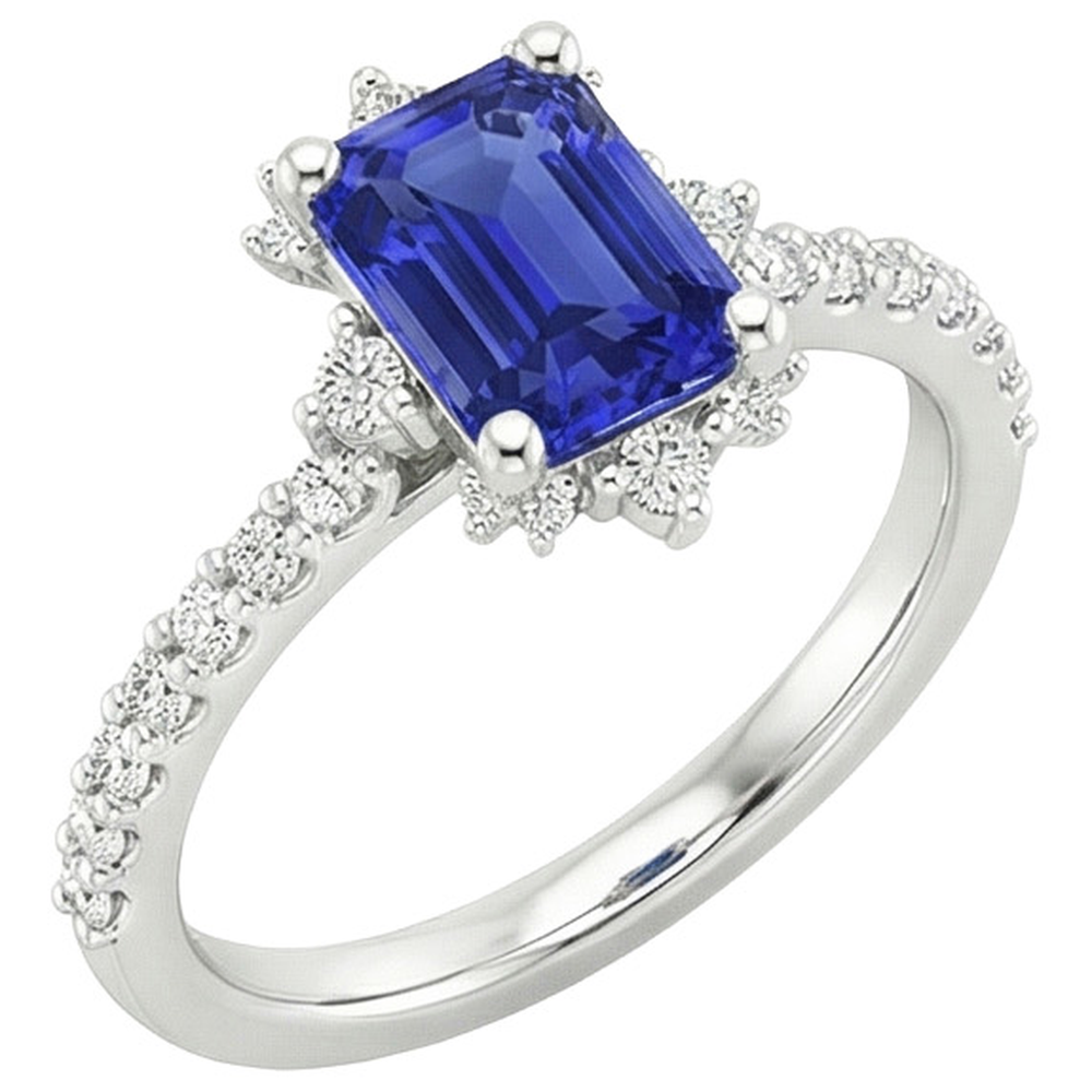 Blue Sapphire & Natural Earth Mined Diamond Ring 4.25 Carat Emerald Solitaire With Accents