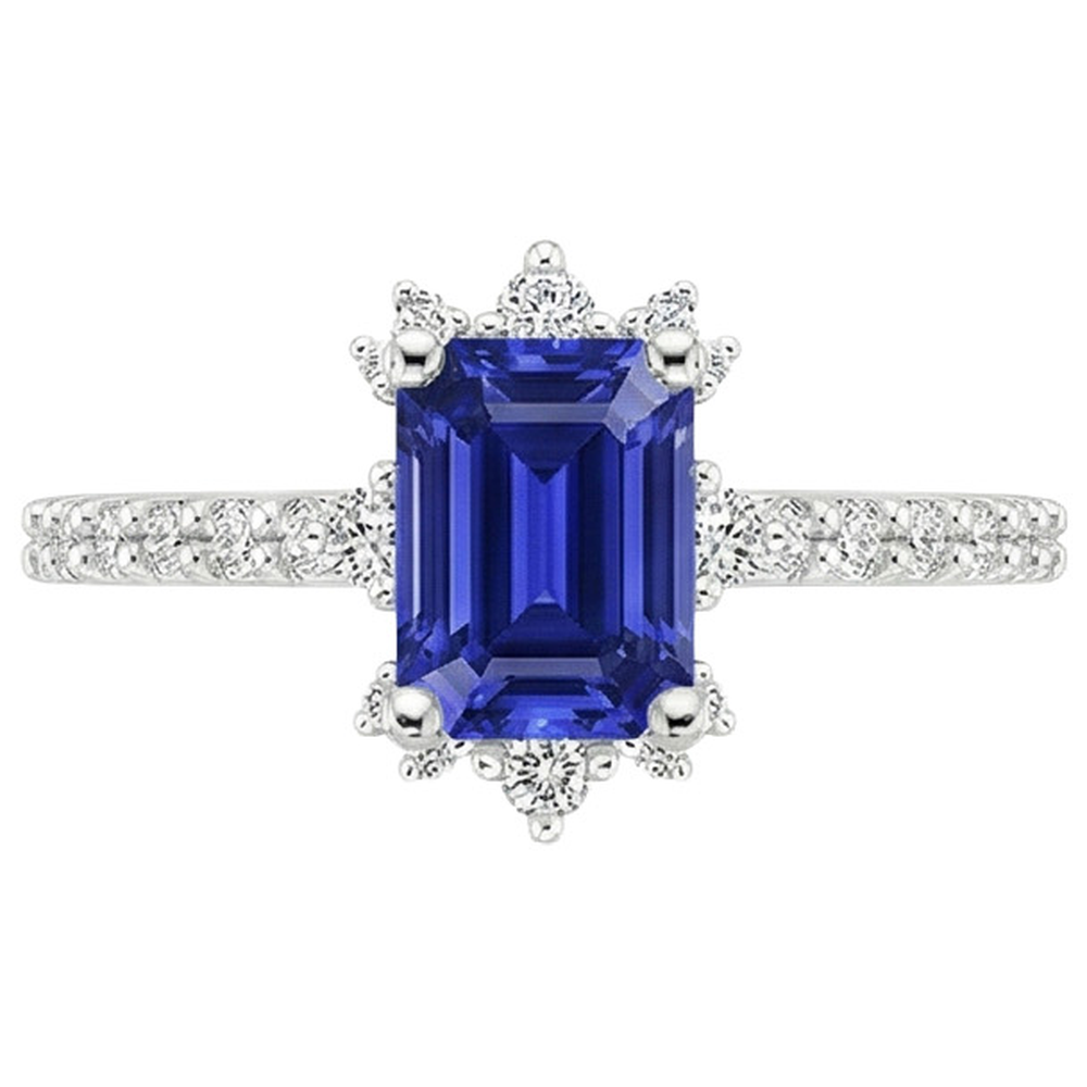 Blue Sapphire & Natural Earth Mined Diamond Ring 4.25 Carat Emerald Solitaire With Accents