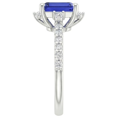 Blue Sapphire & Natural Earth Mined Diamond Ring 4.25 Carat Emerald Solitaire With Accents