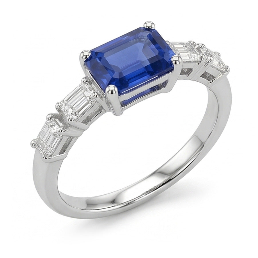 Blue Sapphire & Natural Earth Mined Diamond Ring Emerald 2.50 Carats 5 Stone Jewelry