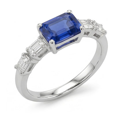 Blue Sapphire & Natural Earth Mined Diamond Ring Emerald 2.50 Carats 5 Stone Jewelry