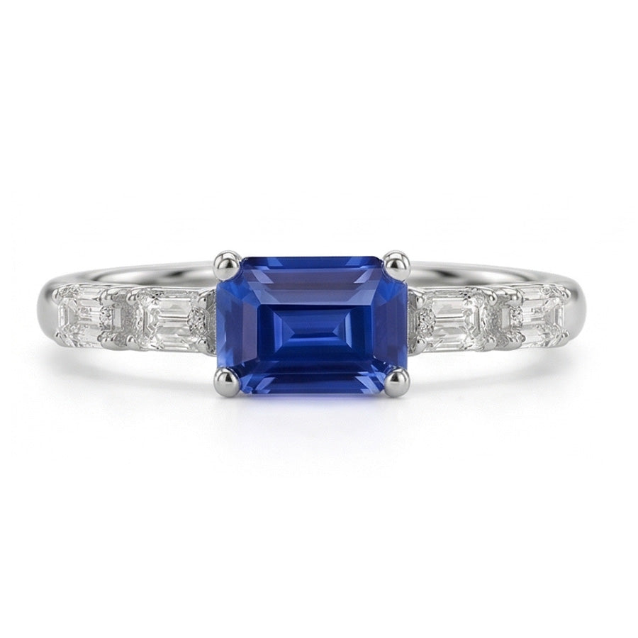 Blue Sapphire & Natural Earth Mined Diamond Ring Emerald 2.50 Carats 5 Stone Jewelry
